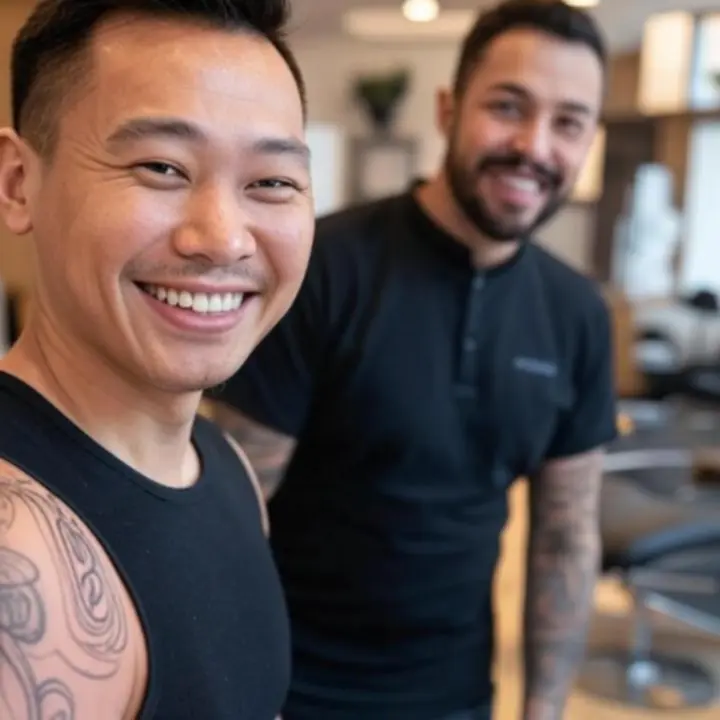 Vendég és tetoválóművész barátságos beszélgetése a Tattoostudioline stúdióban.