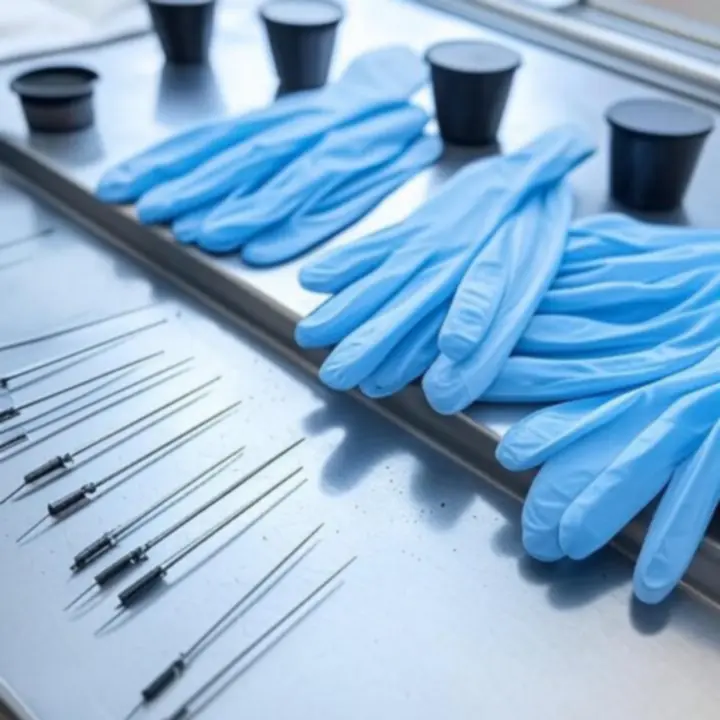 Steril tetoválós munkaállomás fertőtlenített felületekkel és eldobható eszközökkel.