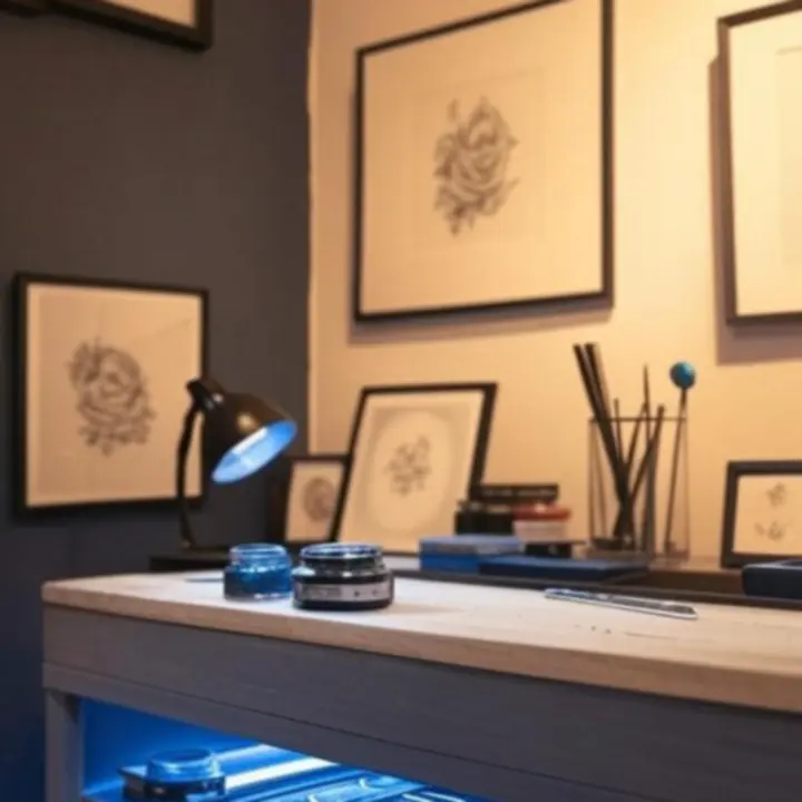 Hangulatos, tintás tematikájú stúdió enteriőr a Tattoostudioline-ban.