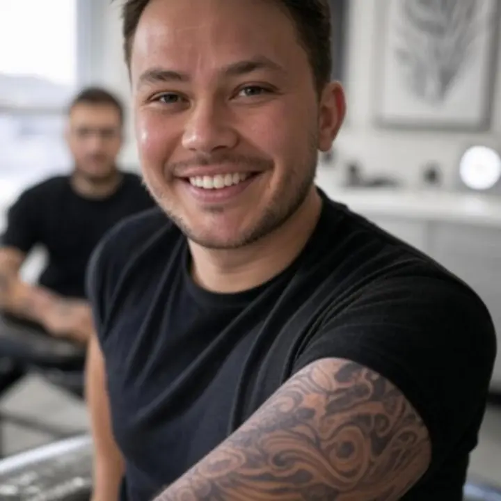 Mosolygó vendég frissen készült tetoválással a karján a tattoo stúdióban.