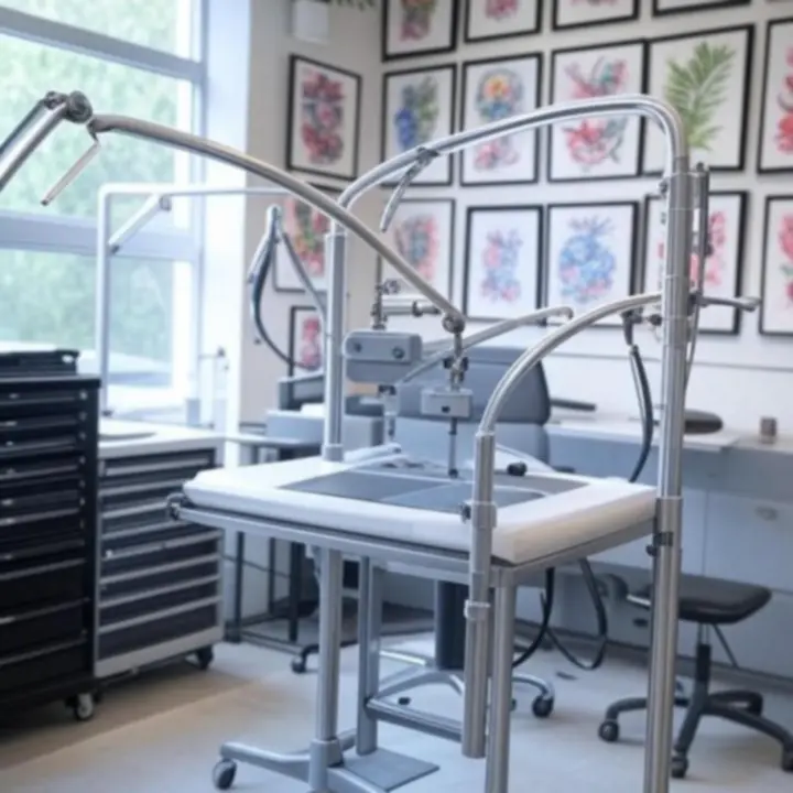 Világos, tiszta és modern tattoo stúdió, steril munkaállomásokkal és eszközökkel.