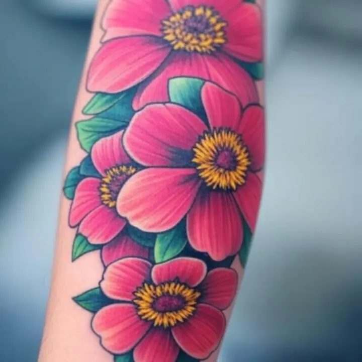 Színes tetoválás részlete élénk, kontrasztos színekkel.